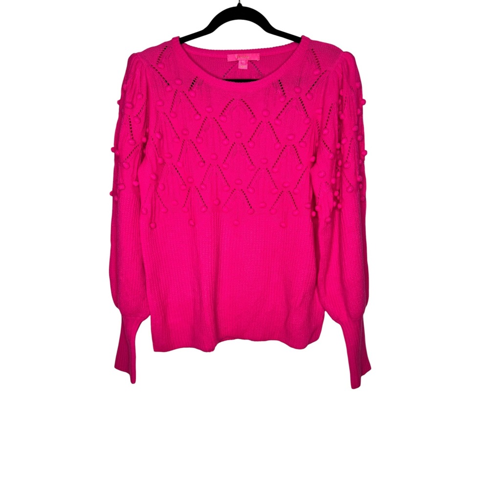 Lilly Pulitzer‎ Neuve Hyper Pink Bobble Knit Blouson Puff Sleeve Sweater Large